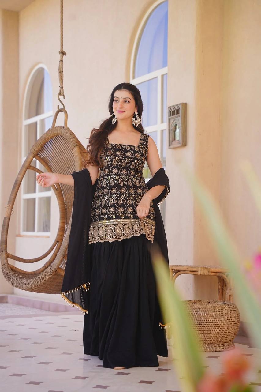 Deep Ruby Floral-Embroidered Silk Set